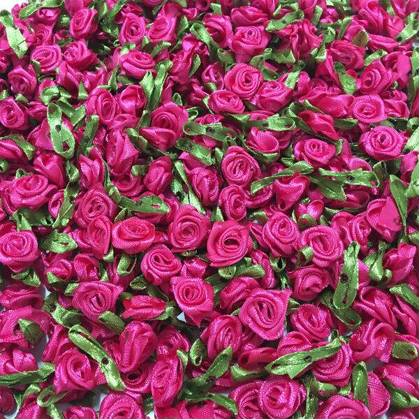 Mini Flor de Cetim com folha Pink - 50 unidades