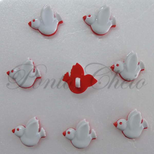 Botão de pezinho - Pássaro Branco e Vermelho - Pacote com 8 unidades