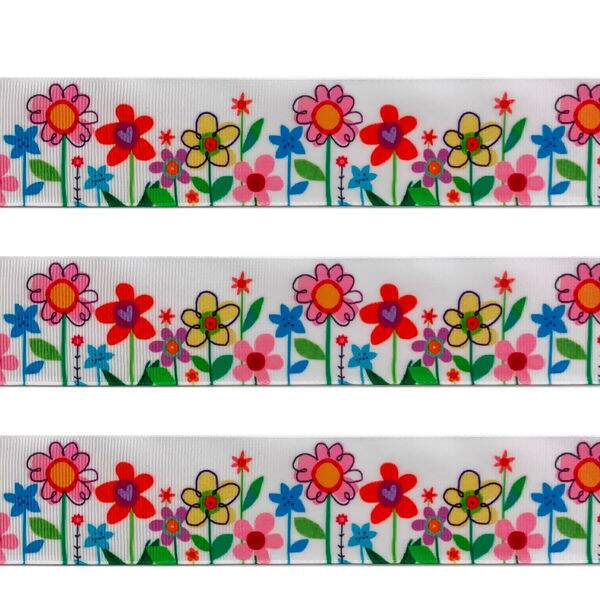 Fita de Gorgurão - Flores Coloridas 38 mm - Peça com 5 Metros