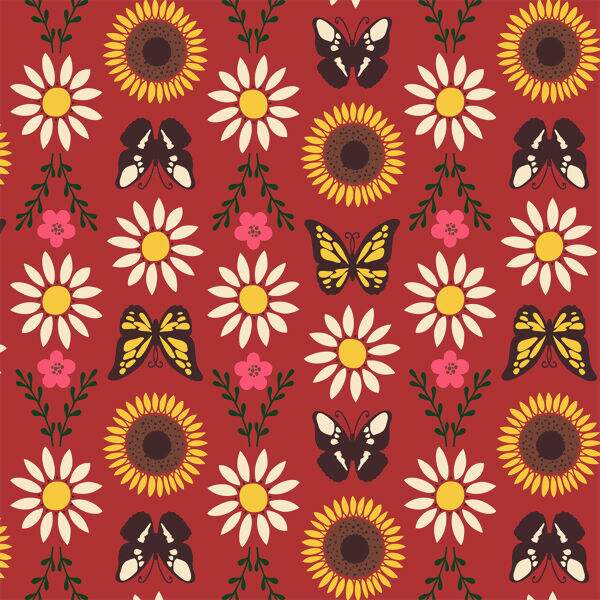 Tecido Estampado - Flores e Borboleta fundo Marsala Cor 04 - Des.7130 -  0,50x1,50mt