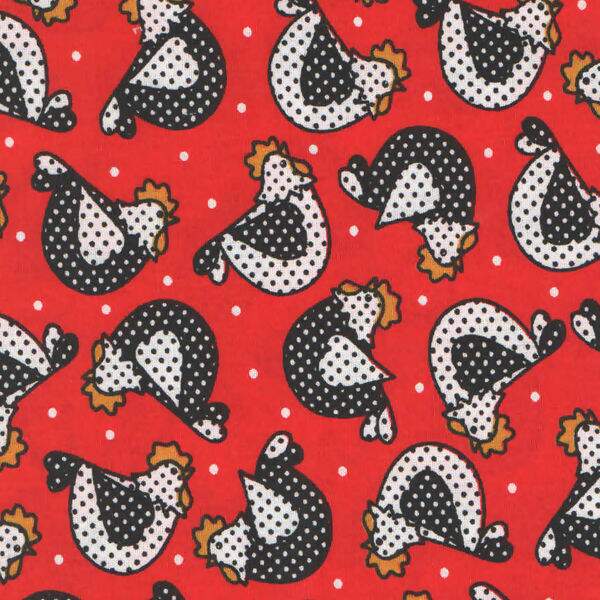 Tecido Estampado - Galinhas Fundo Vermelho Cor 4 - Des.1965 - 0,50x1,50mt