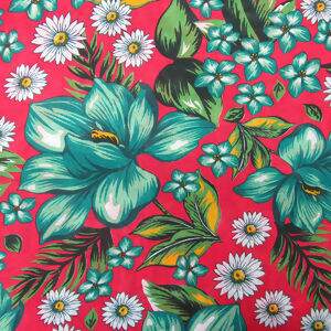 Chita - Flores Verde e Branca Fundo Vermelho Cor1 - Des.2610 - 1,00x1,40mt