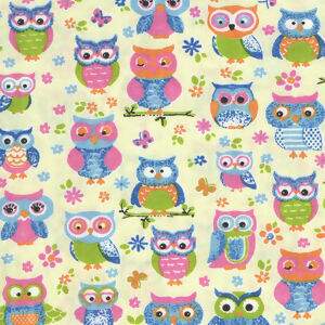 Tecido Estampado - Corujas Coloridas Fundo Creme Cor 1 - Des.1916 - 0,50x1,50mt 