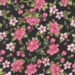 Tecido Estampado - Floral Rosa  Fundo Preto Cor 2 - Des.2563 - 0,50x1,50mt