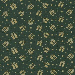 Tecido Estampado - Presente Dourado Fundo Verde Cor 059 - Des.1123 - 0,50x1,50mt